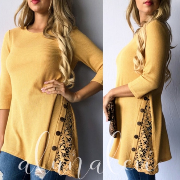Bellanblue Tops - TAMARA Lace Detail 3/4 sleeve top - MUSTARD